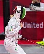 5 August 2021; Natalya Coyle of Ireland celebrates after defeating Samantha Schultz of USA in the women's individual fencing ranking round at Musashino Forest Sport Plaza on day 13 during the 2020 Tokyo Summer Olympic Games in Tokyo, Japan. Photo by Brendan Moran/Sportsfile