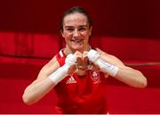 5 August 2021; Kellie Harrington of Ireland celebrates after defeating Sudaporn Seesondee of Thailand in their women's lightweight semi-final bout at the Kokugikan Arena during the 2020 Tokyo Summer Olympic Games in Tokyo, Japan. Photo by Stephen McCarthy/Sportsfile