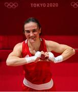 5 August 2021; Kellie Harrington of Ireland celebrates after defeating Sudaporn Seesondee of Thailand in their women's lightweight semi-final bout at the Kokugikan Arena during the 2020 Tokyo Summer Olympic Games in Tokyo, Japan. Photo by Stephen McCarthy/Sportsfile