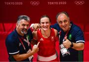 5 August 2021; Kellie Harrington of Ireland celebrates with coaches Zaur Antia, left, and John Conlan after defeating Sudaporn Seesondee of Thailand in their women's lightweight semi-final bout at the Kokugikan Arena during the 2020 Tokyo Summer Olympic Games in Tokyo, Japan. Photo by Stephen McCarthy/Sportsfile