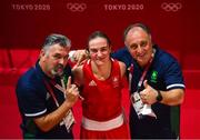 5 August 2021; Kellie Harrington of Ireland celebrates with coaches Zaur Antia, left, and John Conlan after defeating Sudaporn Seesondee of Thailand in their women's lightweight semi-final bout at the Kokugikan Arena during the 2020 Tokyo Summer Olympic Games in Tokyo, Japan. Photo by Stephen McCarthy/Sportsfile