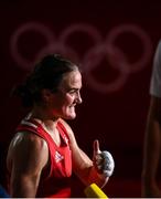 5 August 2021; Kellie Harrington of Ireland reacts after defeating Sudaporn Seesondee of Thailand in their women's lightweight semi-final bout at the Kokugikan Arena during the 2020 Tokyo Summer Olympic Games in Tokyo, Japan. Photo by Stephen McCarthy/Sportsfile