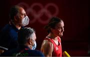 5 August 2021; Kellie Harrington of Ireland flanked by her coaches Zaur Antia, left, and John Conlan after defeating Sudaporn Seesondee of Thailand in their women's lightweight semi-final bout at the Kokugikan Arena during the 2020 Tokyo Summer Olympic Games in Tokyo, Japan. Photo by Stephen McCarthy/Sportsfile