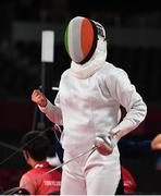 5 August 2021; Natalya Coyle of Ireland celebrates after defeating Joanna Muir of Great Britain in the women's individual fencing ranking round at Musashino Forest Sport Plaza on day 13 during the 2020 Tokyo Summer Olympic Games in Tokyo, Japan. Photo by Brendan Moran/Sportsfile