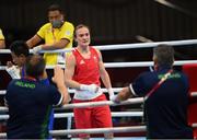 5 August 2021; Kellie Harrington of Ireland celebrates with coaches Zaur Antia, left, and John Conlan after defeating Sudaporn Seesondee of Thailand in their women's lightweight semi-final bout at the Kokugikan Arena during the 2020 Tokyo Summer Olympic Games in Tokyo, Japan. Photo by Stephen McCarthy/Sportsfile