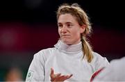 5 August 2021; Natalya Coyle of Ireland reacts during the women's individual fencing ranking round at Musashino Forest Sport Plaza on day 13 during the 2020 Tokyo Summer Olympic Games in Tokyo, Japan.