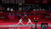 5 August 2021; Natalya Coyle of Ireland, left, in action against Elodie Clouvel of France during the women's individual fencing ranking round at Musashino Forest Sport Plaza on day 13 during the 2020 Tokyo Summer Olympic Games in Tokyo, Japan. Photo by Brendan Moran/Sportsfile