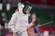 5 August 2021; Mariana Arceo of Mexico celebrates defeating Elena Potapenko of Kazakhstan during the women's individual fencing ranking round at Musashino Forest Sport Plaza on day 13 during the 2020 Tokyo Summer Olympic Games in Tokyo, Japan. Photo by Brendan Moran/Sportsfile