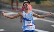 5 August 2021; Massimo Stano of Italy celebrates winning the men's 20 kilometre walk final at Sapporo Odori Park on day 13 during the 2020 Tokyo Summer Olympic Games in Sapporo, Japan. Photo by Ramsey Cardy/Sportsfile