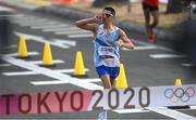 5 August 2021; Massimo Stano of Italy celebrates before crossing the finish line to win the men's 20 kilometre walk final at Sapporo Odori Park on day 13 during the 2020 Tokyo Summer Olympic Games in Sapporo, Japan. Photo by Ramsey Cardy/Sportsfile