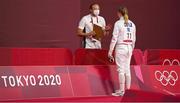 5 August 2021; Ireland coach Andrei Fedotov speaks to Natalya Coyle of Ireland before the women's individual fencing ranking round at Musashino Forest Sport Plaza on day 13 during the 2020 Tokyo Summer Olympic Games in Tokyo, Japan. Photo by Brendan Moran/Sportsfile