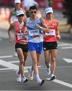 5 August 2021; Toshikazu Yamanishi of Japan, left, Massimo Stano of Italy, centre, and Koki Ikeda of Japan lead the men's 20 kilometre walk final at Sapporo Odori Park on day 13 during the 2020 Tokyo Summer Olympic Games in Sapporo, Japan. Photo by Ramsey Cardy/Sportsfile