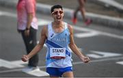 5 August 2021; Massimo Stano of Italy celebrates winning the men's 20 kilometre walk final at Sapporo Odori Park on day 13 during the 2020 Tokyo Summer Olympic Games in Sapporo, Japan. Photo by Ramsey Cardy/Sportsfile
