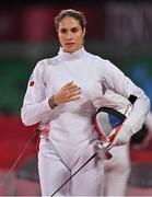 5 August 2021; Elodie Clouvel of France during the women's individual fencing ranking round at Musashino Forest Sport Plaza on day 13 during the 2020 Tokyo Summer Olympic Games in Tokyo, Japan. Photo by Brendan Moran/Sportsfile