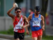 5 August 2021; Cesar Augusto Rodriguez of Peru, left, and Manuel Esteban Soto of Colombia during the men's 20 kilometre walk final at Sapporo Odori Park on day 13 during the 2020 Tokyo Summer Olympic Games in Sapporo, Japan. Photo by Ramsey Cardy/Sportsfile