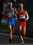 5 August 2021; Kaihua Wang of China, right, and Sandeep Kumar of India in action during the men's 20 kilometre walk final at Sapporo Odori Park on day 13 during the 2020 Tokyo Summer Olympic Games in Sapporo, Japan. Photo by Ramsey Cardy/Sportsfile