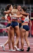 5 August 2021; Team Great Britain, from left, Emily Diamond, Laviai Nielsen, Nicole Yeargin, and Zoey Clark celebrate after qualifying following round one of the women's 4 x 400 metre relay at the Olympic Stadium on day 13 during the 2020 Tokyo Summer Olympic Games in Tokyo, Japan. Photo by Stephen McCarthy/Sportsfile