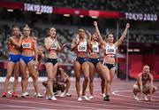 5 August 2021; Team Great Britain, from left, Emily Diamond, Nicole Yeargin, Laviai Nielsen and Zoey Clark celebrate after qualifying following round one of the women's 4 x 400 metre relay at the Olympic Stadium on day 13 during the 2020 Tokyo Summer Olympic Games in Tokyo, Japan. Photo by Stephen McCarthy/Sportsfile