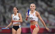 5 August 2021; Justyna Swiety-Ersetic of Poland celebrates after finishing in 1st place during round one of the women's 4 x 400 metre relay at the Olympic Stadium on day 13 during the 2020 Tokyo Summer Olympic Games in Tokyo, Japan. Photo by Stephen McCarthy/Sportsfile