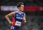 5 August 2021; Jakob Ingebrigtsen of Norway in action during the semi-final of the men's 1500 metres at the Olympic Stadium on day 13 during the 2020 Tokyo Summer Olympic Games in Tokyo, Japan. Photo by Stephen McCarthy/Sportsfile