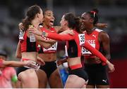 5 August 2021; The Switzerland team react after round one of the women's 4 x 400 metre relay at the Olympic Stadium on day 13 during the 2020 Tokyo Summer Olympic Games in Tokyo, Japan. Photo by Stephen McCarthy/Sportsfile