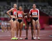 5 August 2021; The Switzerland team react after round one of the women's 4 x 400 metre relay at the Olympic Stadium on day 13 during the 2020 Tokyo Summer Olympic Games in Tokyo, Japan. Photo by Stephen McCarthy/Sportsfile