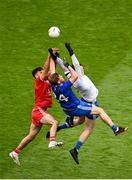 31 July 2021; Conor McKenna of Tyrone contests a high a ball with Andrew Woods of Monaghan, centre, and Monaghan goalkeeper Rory Beggan during the Ulster GAA Football Senior Championship Final match between Monaghan and Tyrone at Croke Park in Dublin. Photo by Sam Barnes/Sportsfile