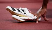 5 August 2021; A detailed view of the spikes worn by Steven Gardiner of Bahamas who won the final of the men's 400 metres at the Olympic Stadium on day 13 during the 2020 Tokyo Summer Olympic Games in Tokyo, Japan. Photo by Stephen McCarthy/Sportsfile