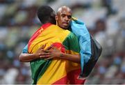 5 August 2021; Steven Gardiner of Bahamas, right, celebrates with Kirani James of Grenada, who won bronze, after winning gold in the men's 400 metres at the Olympic Stadium on day 13 during the 2020 Tokyo Summer Olympic Games in Tokyo, Japan. Photo by Stephen McCarthy/Sportsfile