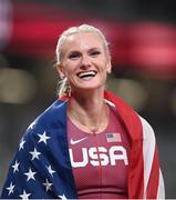 5 August 2021; Katie Nageotte of USA after winning the women's pole vault at the Olympic Stadium on day 13 during the 2020 Tokyo Summer Olympic Games in Tokyo, Japan. Photo by Stephen McCarthy/Sportsfile