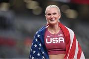 5 August 2021; Katie Nageotte of USA after winning the women's pole vault at the Olympic Stadium on day 13 during the 2020 Tokyo Summer Olympic Games in Tokyo, Japan. Photo by Stephen McCarthy/Sportsfile