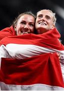 5 August 2021; Bronze medal winner Emma Oosterwegel, left, and silver medal winner Anouk Vetter, both of Netherlands, celebrate after the women's heptathlon at the Olympic Stadium on day 13 during the 2020 Tokyo Summer Olympic Games in Tokyo, Japan. Photo by Stephen McCarthy/Sportsfile