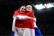 5 August 2021; Bronze medal winner Emma Oosterwegel, left, and silver medal winner Anouk Vetter, both of Netherlands, celebrate after the women's heptathlon at the Olympic Stadium on day 13 during the 2020 Tokyo Summer Olympic Games in Tokyo, Japan. Photo by Stephen McCarthy/Sportsfile