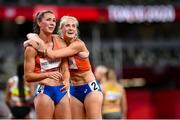 5 August 2021; Bronze medal winner Emma Oosterwegel, left, and silver medal winner Anouk Vetter, both of Netherlands, celebrate after the women's heptathlon at the Olympic Stadium on day 13 during the 2020 Tokyo Summer Olympic Games in Tokyo, Japan. Photo by Stephen McCarthy/Sportsfile