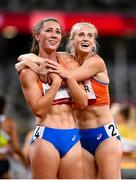 5 August 2021; Bronze medal winner Emma Oosterwegel, left, and silver medal winner Anouk Vetter, both of Netherlands, celebrate after the women's heptathlon at the Olympic Stadium on day 13 during the 2020 Tokyo Summer Olympic Games in Tokyo, Japan. Photo by Stephen McCarthy/Sportsfile