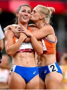 5 August 2021; Bronze medal winner Emma Oosterwegel, left, and silver medal winner Anouk Vetter, both of Netherlands, celebrate after the women's heptathlon at the Olympic Stadium on day 13 during the 2020 Tokyo Summer Olympic Games in Tokyo, Japan. Photo by Stephen McCarthy/Sportsfile