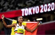 5 August 2021; Nafissatou Thiam of Belgium reacts after winning the gold medal in the women's heptathlon at the Olympic Stadium on day 13 during the 2020 Tokyo Summer Olympic Games in Tokyo, Japan. Photo by Stephen McCarthy/Sportsfile