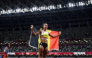 5 August 2021; Nafissatou Thiam of Belgium reacts after winning the gold medal in the women's heptathlon at the Olympic Stadium on day 13 during the 2020 Tokyo Summer Olympic Games in Tokyo, Japan. Photo by Stephen McCarthy/Sportsfile