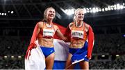 5 August 2021; Bronze medal winner Emma Oosterwegel, left, and silver medal winner Anouk Vetter, both of Netherlands, celebrate after the women's heptathlon at the Olympic Stadium on day 13 during the 2020 Tokyo Summer Olympic Games in Tokyo, Japan. Photo by Stephen McCarthy/Sportsfile