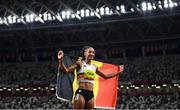 5 August 2021; Nafissatou Thiam of Belgium reacts after winning the gold medal in the women's heptathlon at the Olympic Stadium on day 13 during the 2020 Tokyo Summer Olympic Games in Tokyo, Japan. Photo by Stephen McCarthy/Sportsfile