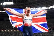 5 August 2021; Bronze medalist Holly Bradshaw of Great Britain celebrates after the women's pole vault final at the Olympic Stadium on day 13 during the 2020 Tokyo Summer Olympic Games in Tokyo, Japan. Photo by Stephen McCarthy/Sportsfile