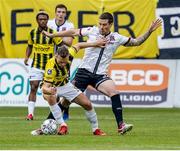 5 August 2021; Sondre Tronstad of Vitesse is tackled by Patrick McEleney of Dundalk during the UEFA Europa Conference League third qualifying round first leg match between Vitesse and Dundalk at GelreDome in Arnhem, Netherlands. Photo by Rene Nijhuis/Sportsfile