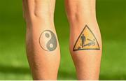 5 August 2021; A view of the tattoos of Teuta's Albano Aleksi before the UEFA Europa Conference League third qualifying round first leg match between Shamrock Rovers and Teuta at Tallaght Stadium in Dublin. Photo by Harry Murphy/Sportsfile