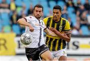 5 August 2021; Michael Duffy of Dundalk in action against Danilho Doekhi of Vitesse during the UEFA Europa Conference League third qualifying round first leg match between Vitesse and Dundalk at GelreDome in Arnhem, Netherlands. Photo by Broer van den Boom/Sportsfile