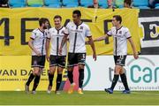 5 August 2021; Patrick McEleney, second from left, of Dundalk is congratulated by his team-mates Sam Stanton, left, and Raivis Jurkovskis, right, after scoring his side's first goal during the UEFA Europa Conference League third qualifying round first leg match between Vitesse and Dundalk at GelreDome in Arnhem, Netherlands. Photo by Broer van den Boom/Sportsfile