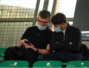 5 August 2021; Republic of Ireland manager Stephen Kenny, left, and Robbie Brady before the UEFA Europa Conference League third qualifying round first leg match between Shamrock Rovers and Teuta at Tallaght Stadium in Dublin. Photo by Harry Murphy/Sportsfile