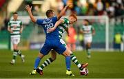 5 August 2021; Rory Gaffney of Shamrock Rovers in action against Hristijan Dragarski of Teuta during the UEFA Europa Conference League third qualifying round first leg match between Shamrock Rovers and Teuta at Tallaght Stadium in Dublin. Photo by Harry Murphy/Sportsfile