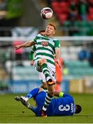 5 August 2021; Rory Gaffney of Shamrock Rovers in action against Renato Arapi of Teuta during the UEFA Europa Conference League third qualifying round first leg match between Shamrock Rovers and Teuta at Tallaght Stadium in Dublin. Photo by Eóin Noonan/Sportsfile