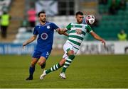 5 August 2021; Danny Mandroiu of Shamrock Rovers in action against Asion Daja of Teuta during the UEFA Europa Conference League third qualifying round first leg match between Shamrock Rovers and Teuta at Tallaght Stadium in Dublin. Photo by Harry Murphy/Sportsfile