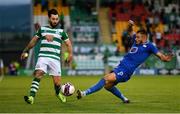 5 August 2021; Richie Towell of Shamrock Rovers in action against Blerim Kotobelli of Teuta during the UEFA Europa Conference League third qualifying round first leg match between Shamrock Rovers and Teuta at Tallaght Stadium in Dublin. Photo by Eóin Noonan/Sportsfile